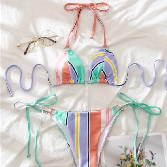 Multicolor Striped Halter Gold Circle Bikini - Picture 5 of 6